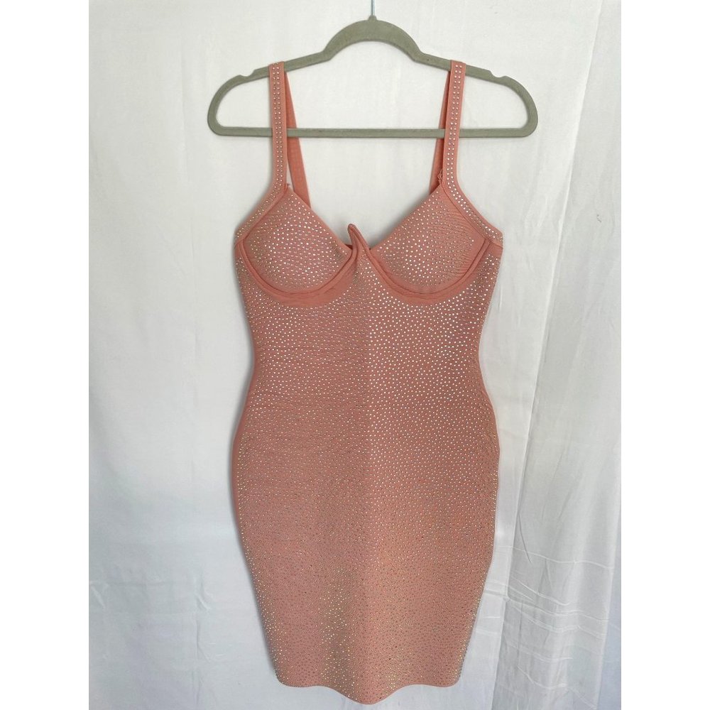 Shein Bustier Bodycon Dress Rhinestone Embellished L Blush Pink